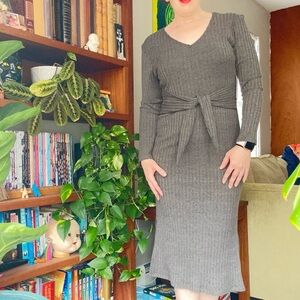 Gray Ribbed Knit Dress with Waist Tie by Velvet Torch